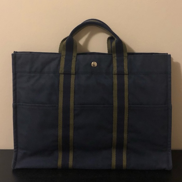 Hermes Authentic Fourre Tout Navy/Green Tote Bag,GUC. - Picture 1 of 17